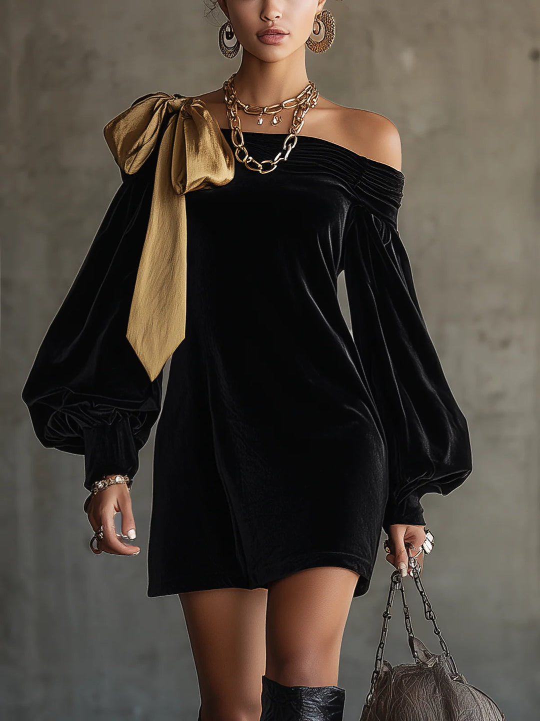 Abito Mini in Patchwork di Velluto Nero e Raso Oro Off The Shoulder