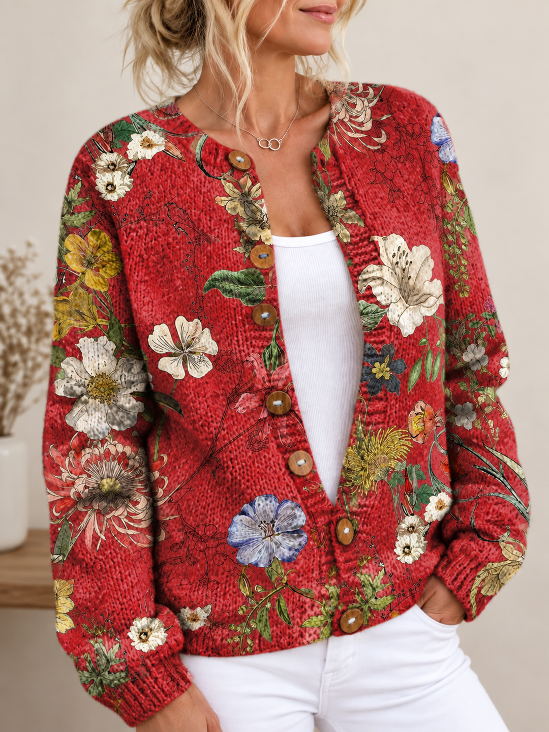 Cardigan con stampa floreale vintage e bottoni