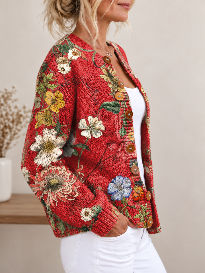 Cardigan con stampa floreale vintage e bottoni