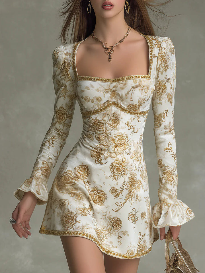 Elegante Mini Abito in Velluto con Stampa di Rose Vintage