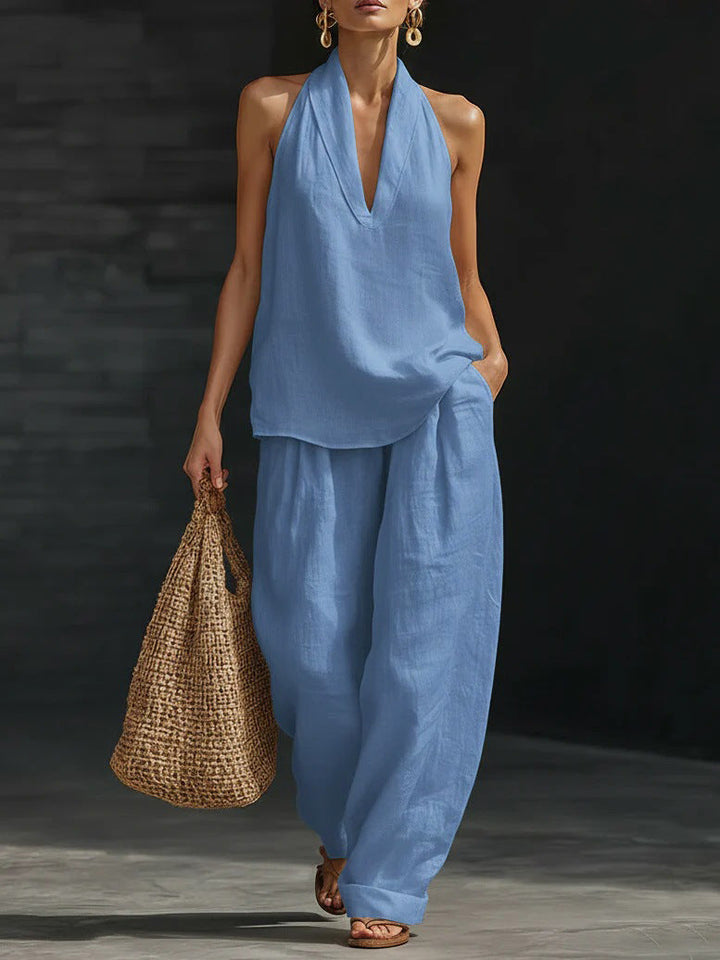 Zoe | Completo smanicato con pantalone ampio