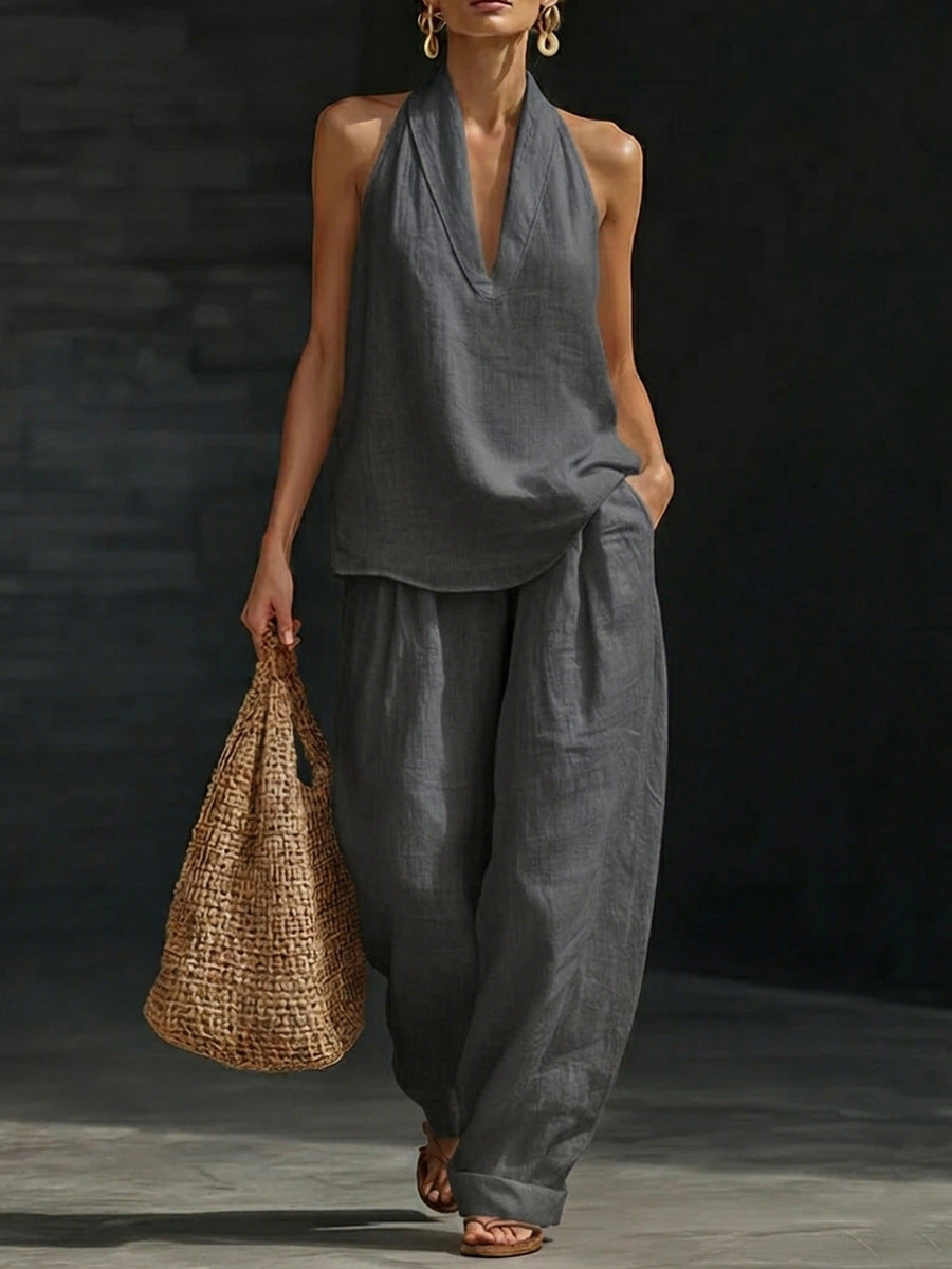 Zoe | Completo smanicato con pantalone ampio