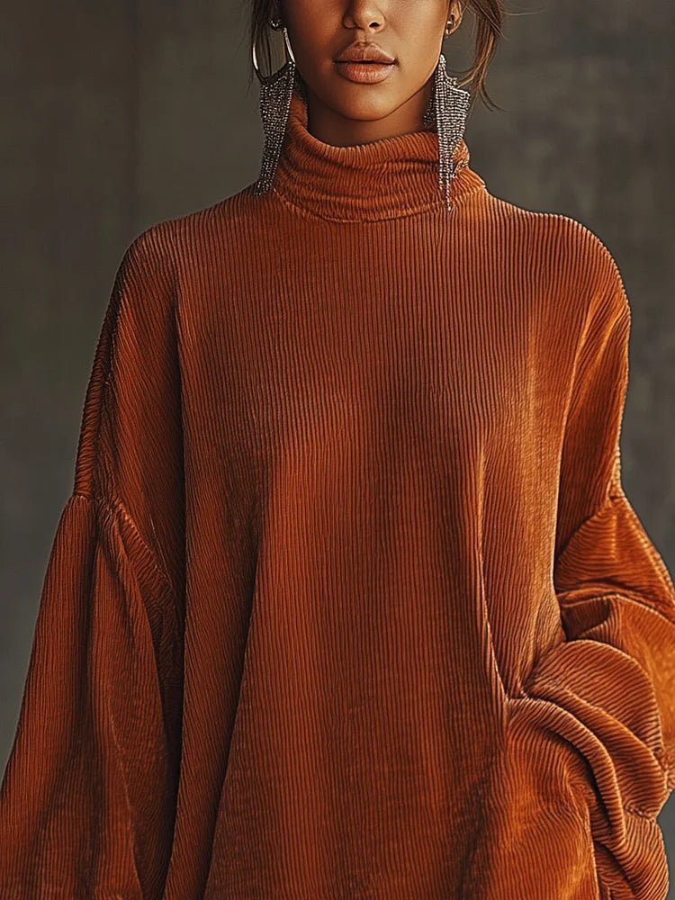 Abito arancione in corduroy con orlo a frange e colletto alto