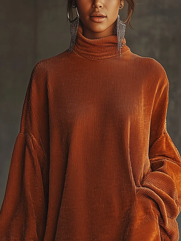 Abito arancione in corduroy con orlo a frange e colletto alto