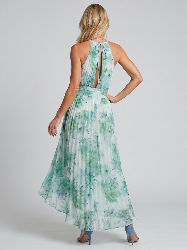 Portia™ Abito Midi a Pieghe con Scollo Halter e Motivo Floreale Soft