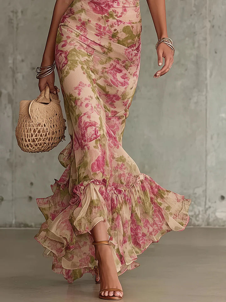 Abito Maxi con Stampa Rosa Vintage e Maniche a Sbuffo (Accessori non inclusi)