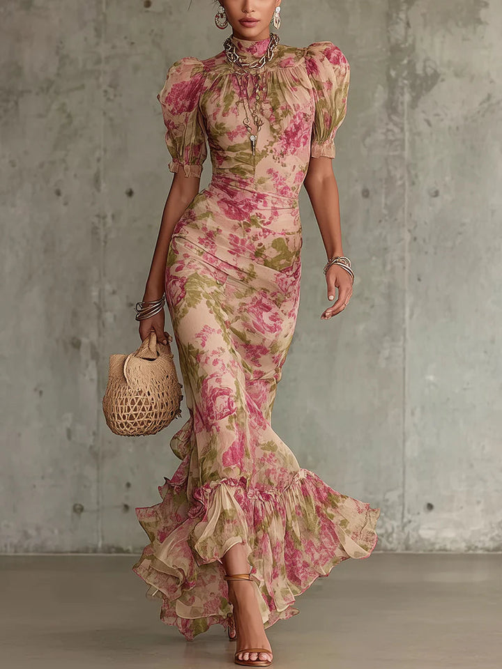 Abito Maxi con Stampa Rosa Vintage e Maniche a Sbuffo (Accessori non inclusi)