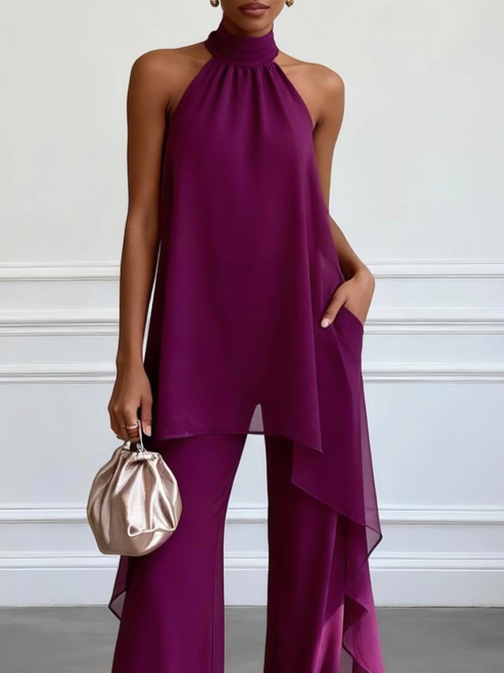 Top Elegante Senza Maniche Viola Con Pantaloni Set Due Pezzi