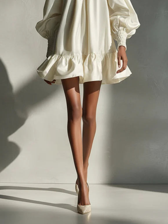 Abito Mini Ruffle con Maniche a Puff in Satin Beige