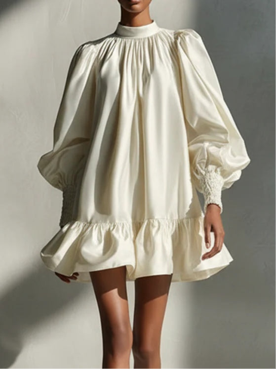 Abito Mini Ruffle con Maniche a Puff in Satin Beige
