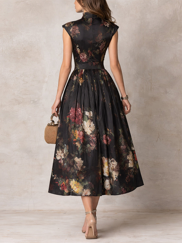 Abito Midi in Satin Pieghettato con Collo a Chiave Nera