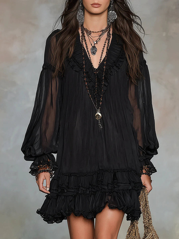 Abito Mini in Chiffon Nero con Maniche a Lanternina e Volant