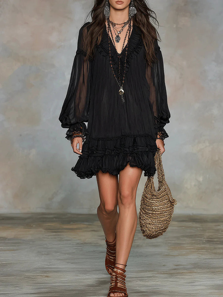 Abito Mini in Chiffon Nero con Maniche a Lanternina e Volant