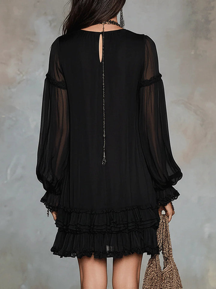 Abito Mini in Chiffon Nero con Maniche a Lanternina e Volant