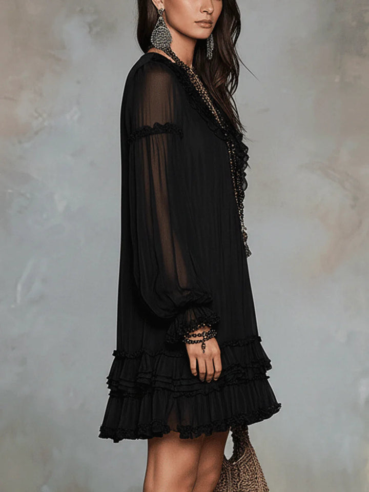 Abito Mini in Chiffon Nero con Maniche a Lanternina e Volant