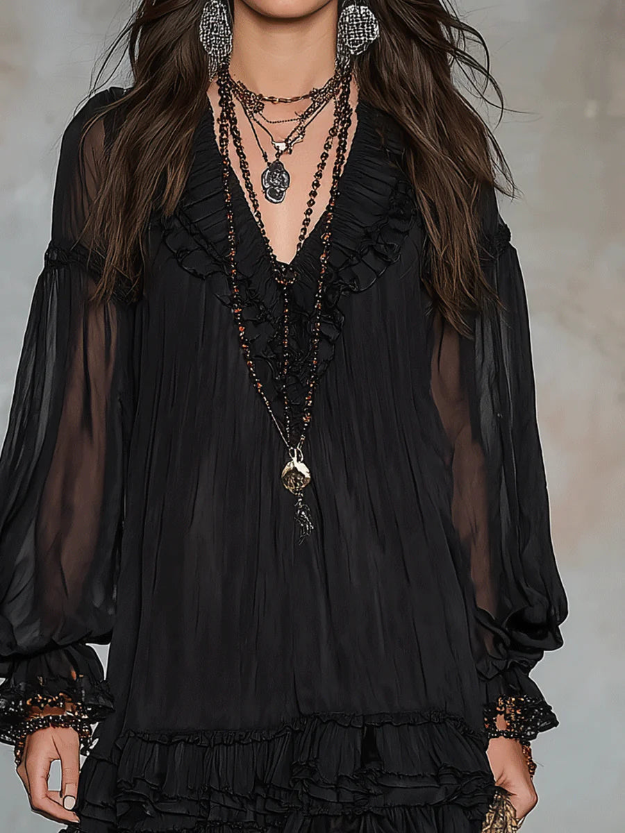 Abito Mini in Chiffon Nero con Maniche a Lanternina e Volant