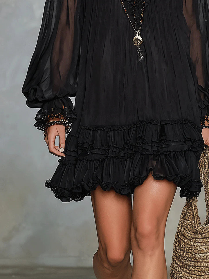 Abito Mini in Chiffon Nero con Maniche a Lanternina e Volant