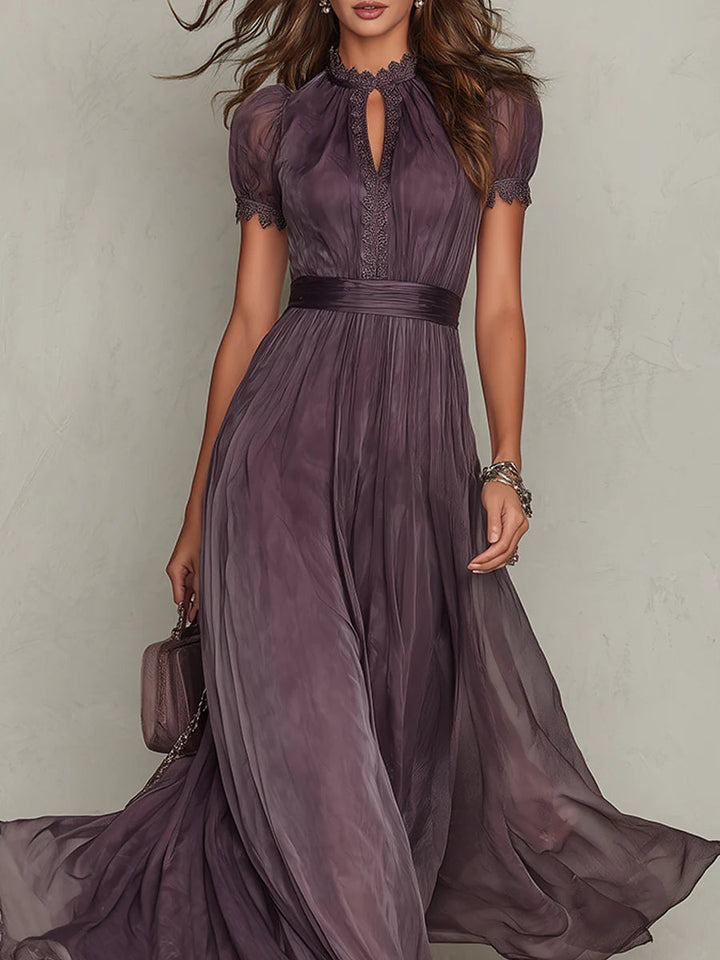 Abito Maxi in Chiffon con Collo a Fessura Viola