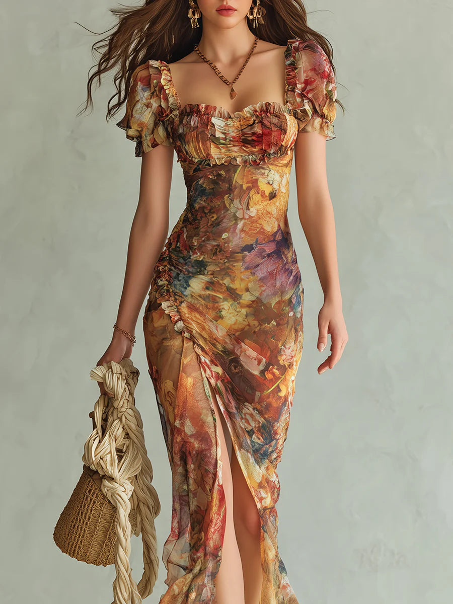 Stampa di Olio su Tela Bohemien Arancione Abito Maxi in Chiffon