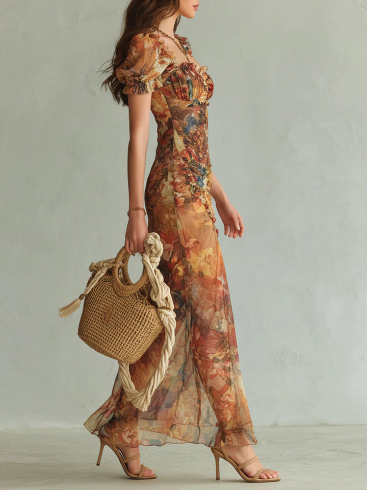 Stampa di Olio su Tela Bohemien Arancione Abito Maxi in Chiffon