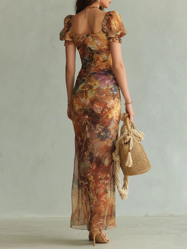 Stampa di Olio su Tela Bohemien Arancione Abito Maxi in Chiffon