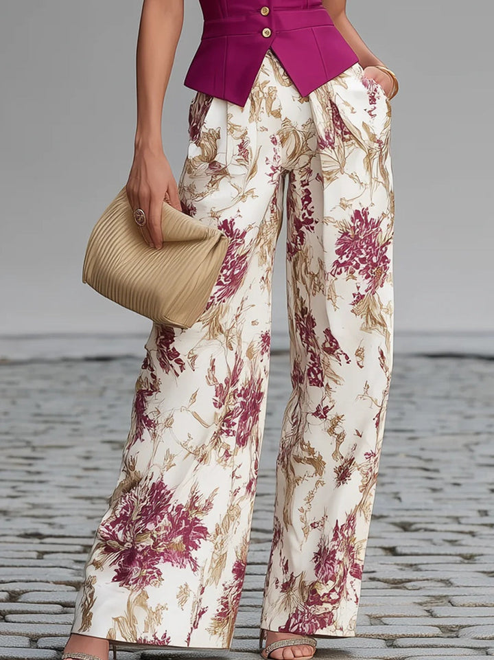Gilet Senza Maniche Rosa e Pantaloni Ampi Stampati a Fiori