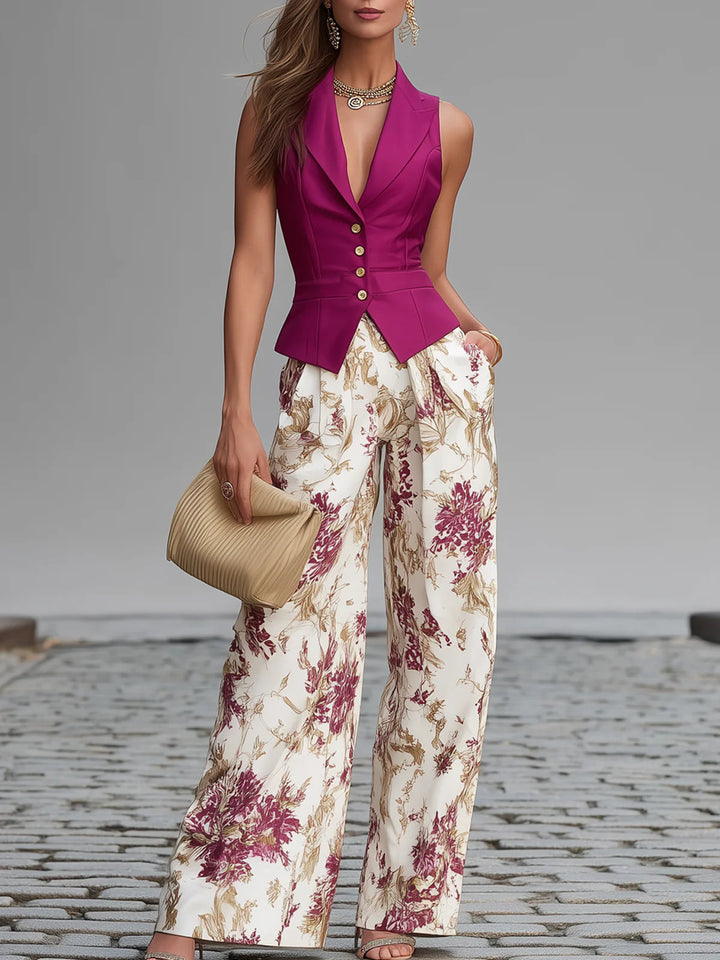 Gilet Senza Maniche Rosa e Pantaloni Ampi Stampati a Fiori