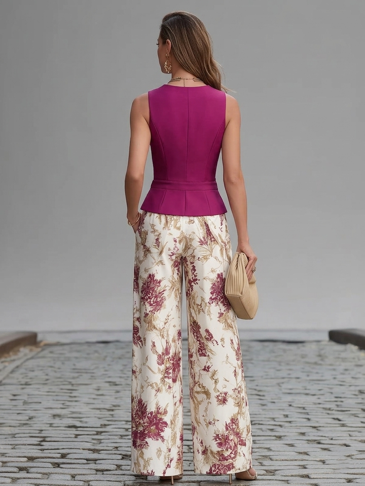 Gilet Senza Maniche Rosa e Pantaloni Ampi Stampati a Fiori