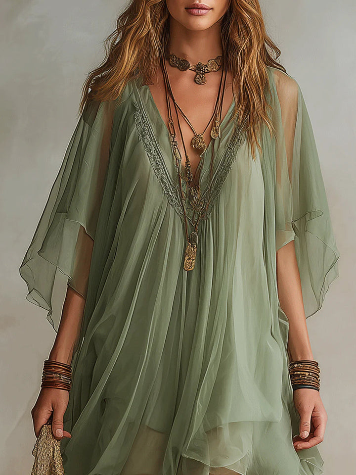 Vestito Mini Fluttuante in Chiffon Verde con Scollo a V