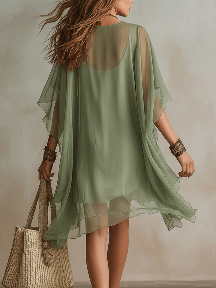 Abito Mini Flowy in Chiffon Verde con Scollatura a V