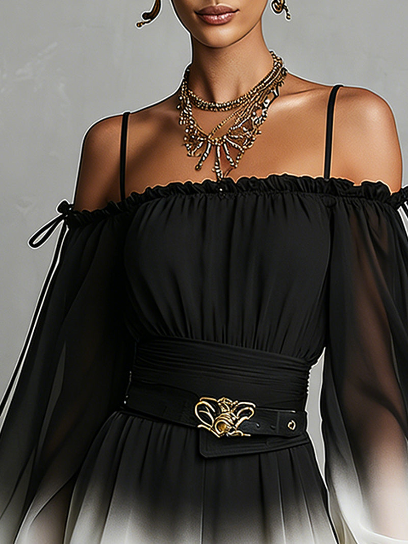 Tuta Chiffon Gradient Bianco e Nero con Spalle Scoperte (con cintura)