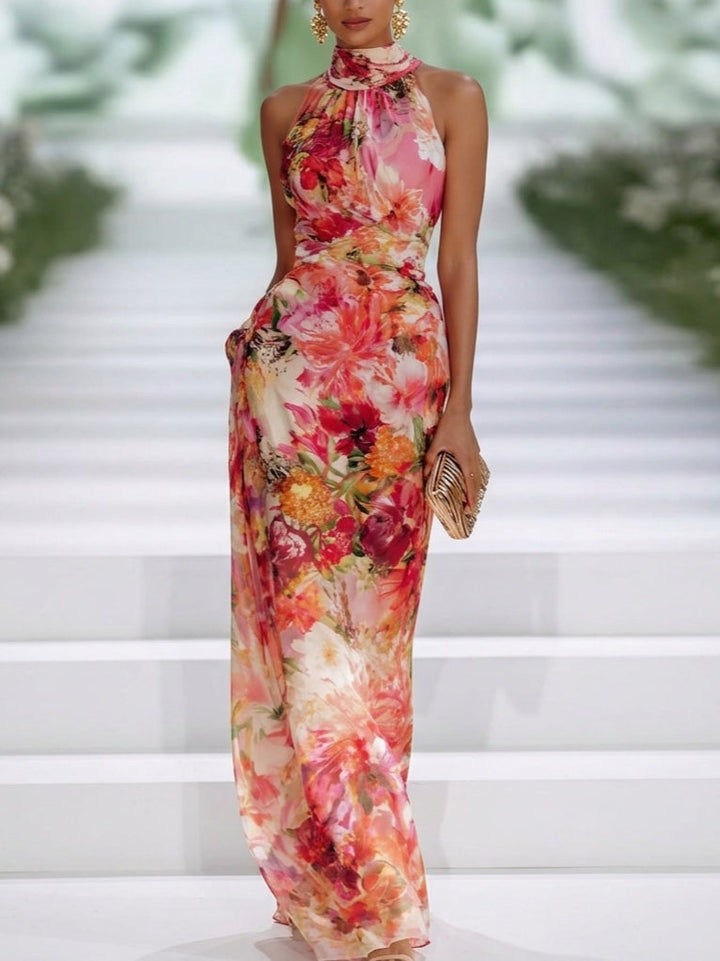 Abito Maxi Senza Maniche in Chiffon Rosso con Scollo a Halter