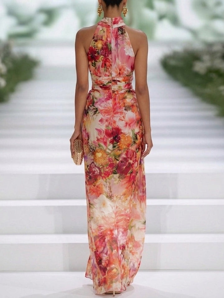 Abito Maxi Senza Maniche in Chiffon Rosso con Scollo a Halter