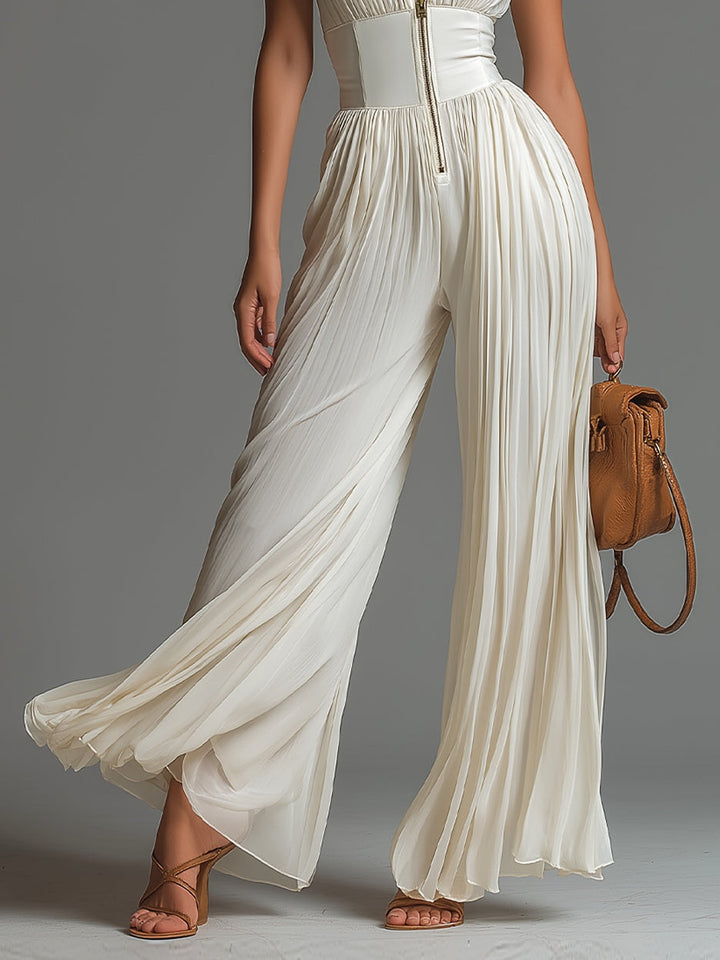 Tuta in Chiffon Bianca Senza Maniche con Zip e Pieghe a Gamba Larga