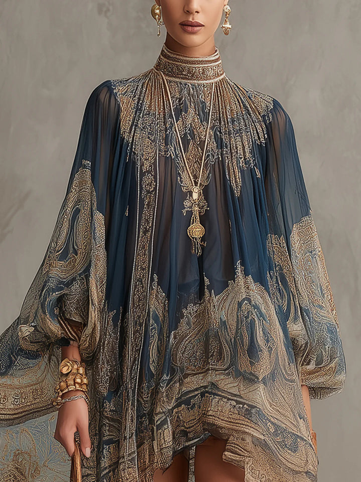Abito Mini in Chiffon Irregolare con Stampa Barocca Blu Navy e Collo Alto