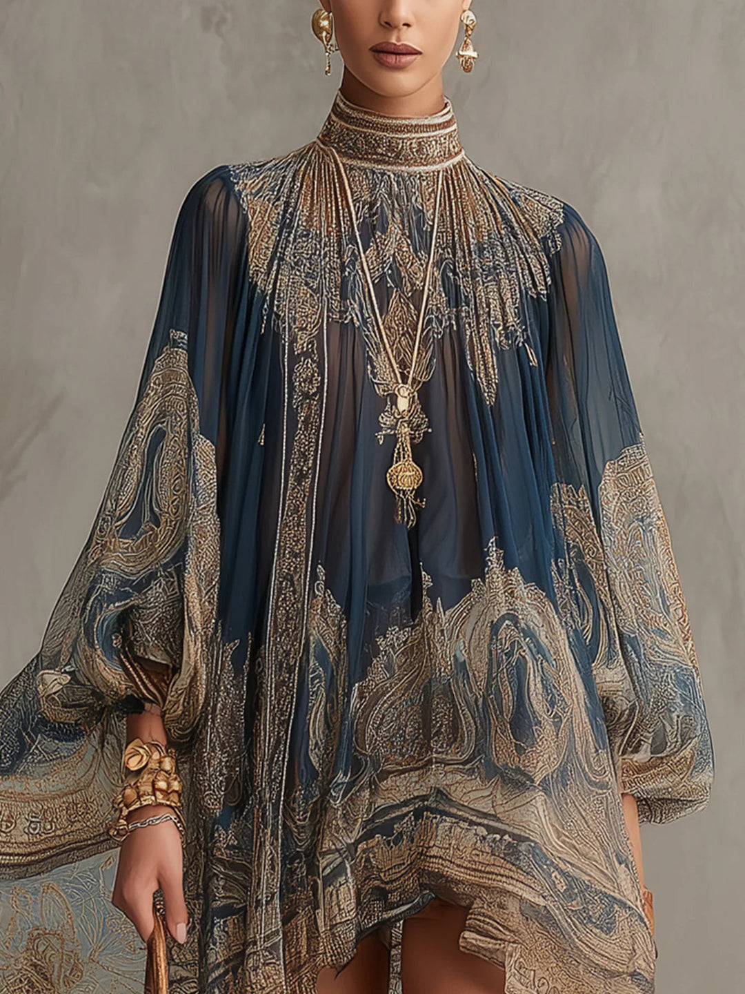 Abito Mini in Chiffon Irregolare a Collo Alto con Stampa Barocca Blu Navy