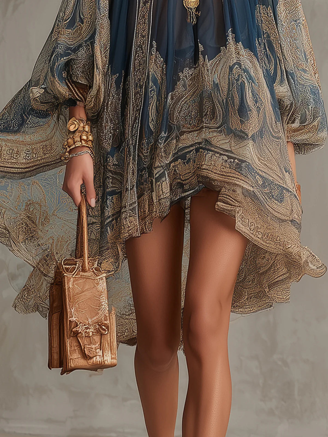 Abito Mini in Chiffon Irregolare a Collo Alto con Stampa Barocca Blu Navy