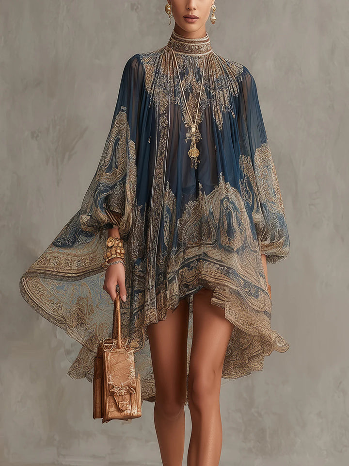 Abito Mini in Chiffon Irregolare a Collo Alto con Stampa Barocca Blu Navy