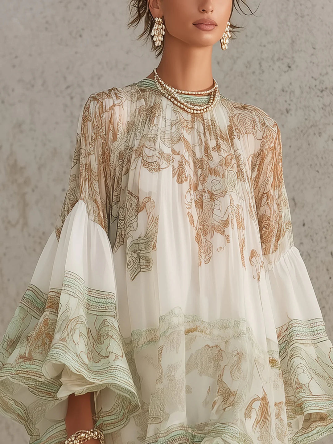 Abito Mini in Chiffon con Righe e Maniche a Volant Verde