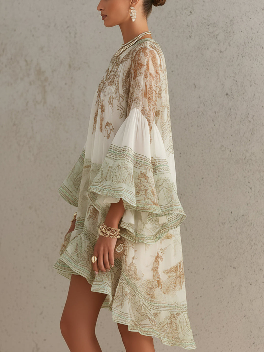 Abito Mini in Chiffon con Righe e Maniche a Volant Verde
