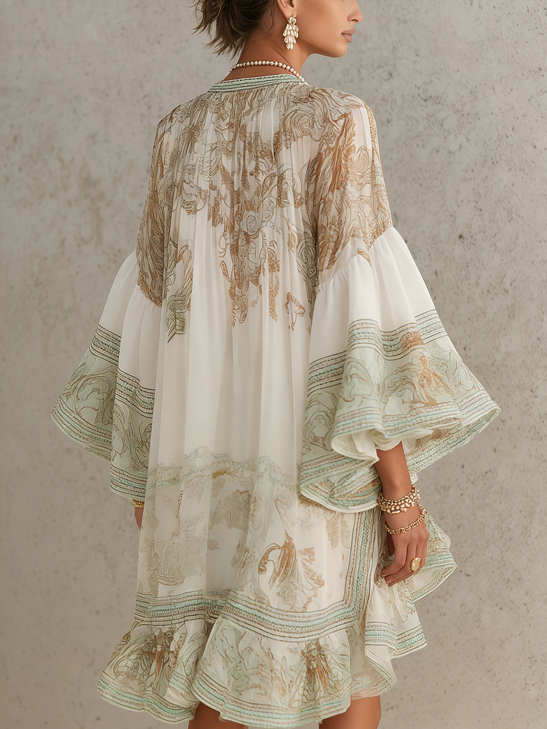Abito Mini in Chiffon con Righe e Maniche a Volant Verde