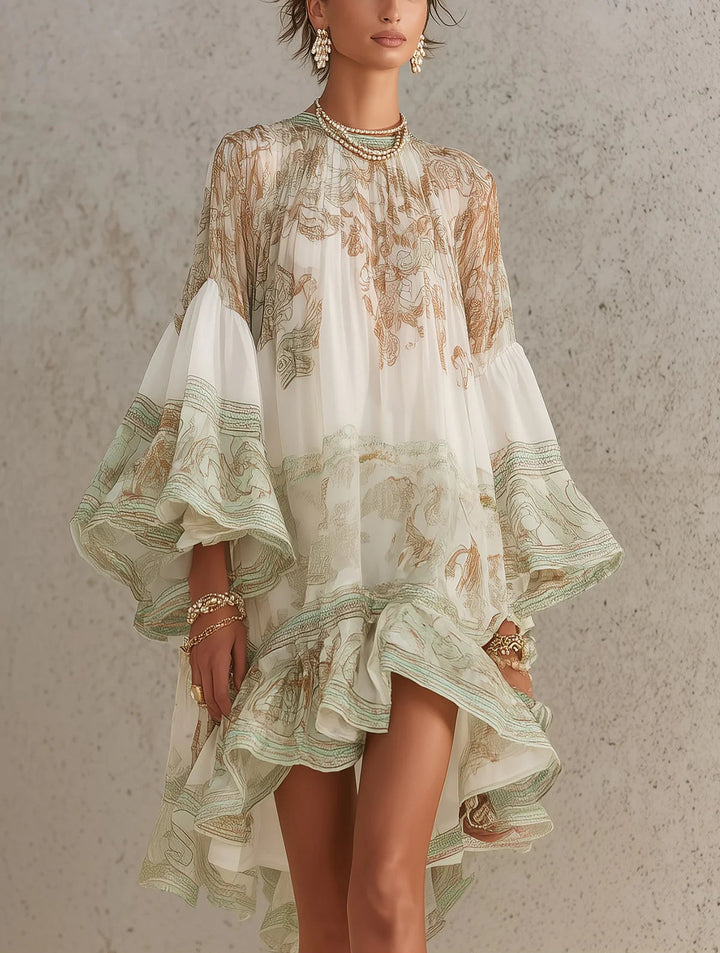 Abito Mini in Chiffon con Righe e Maniche a Volant Verde