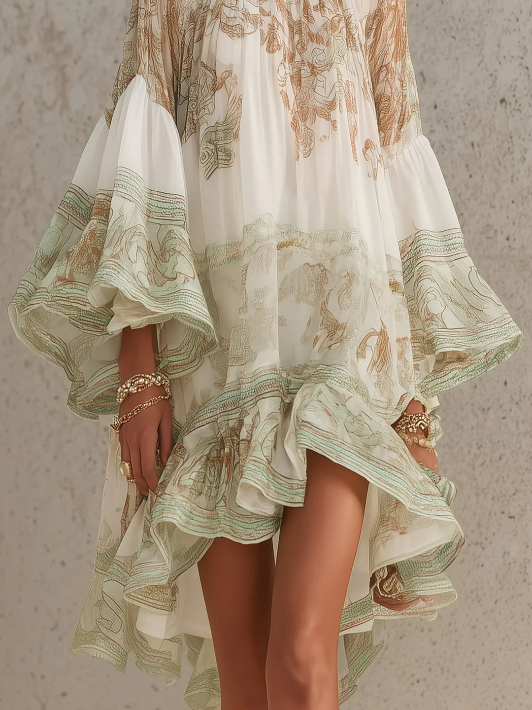 Abito Mini in Chiffon con Righe e Maniche a Volant Verde