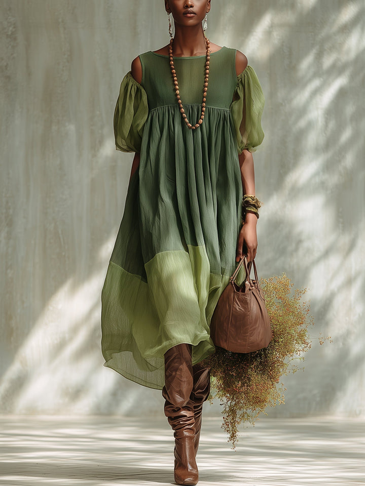 Abito Midi in Chiffon Verde con Spalle Scoperte e Maniche Corte