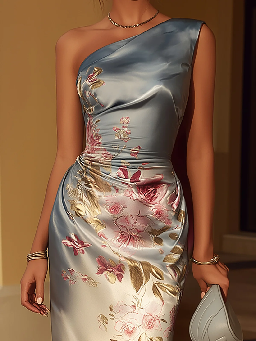 Abito Midi in Satin con Stampa Floreale a Spalla Scoperta