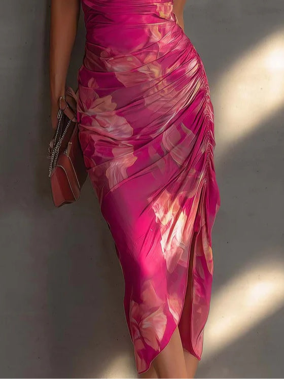 Abito bodycon senza maniche con stampa floreale fucsia