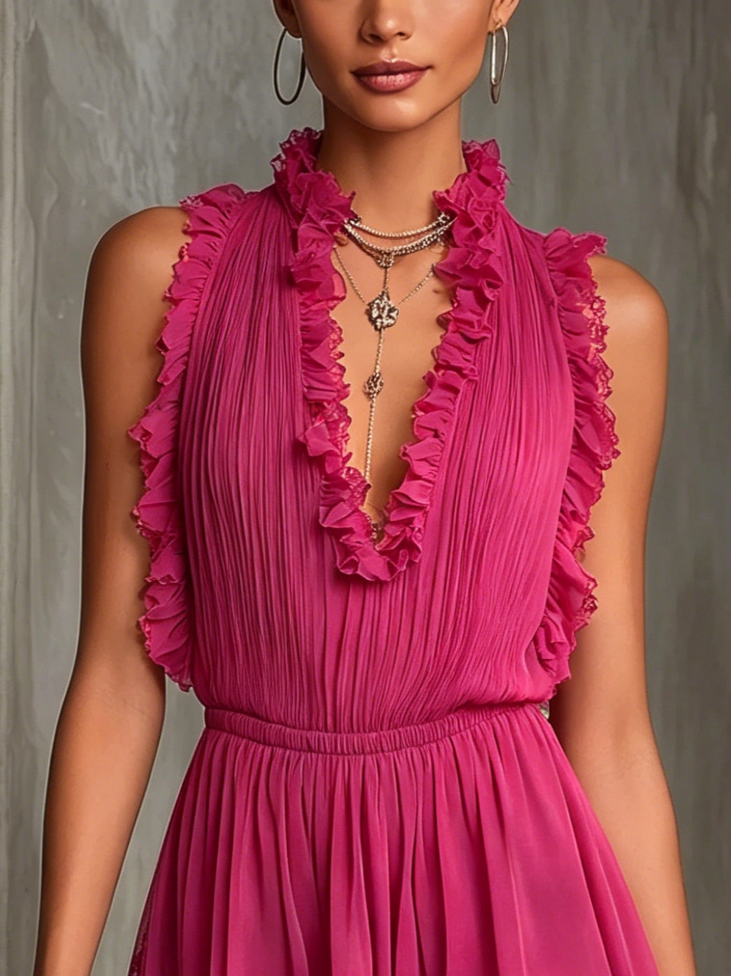 Jumpsuit in Chiffon Pieghettato con Bordo a Righe Fucsia