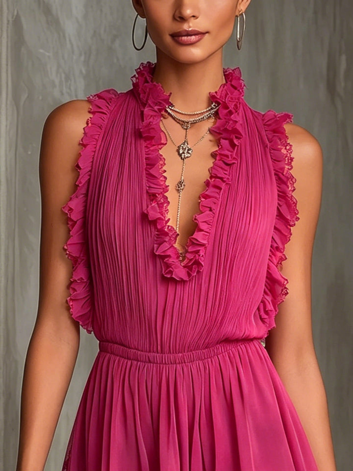 Jumpsuit in Chiffon Pieghettato con Bordo a Righe Fucsia