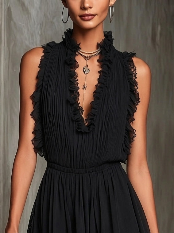 Jumpsuit in Chiffon Pieghettato con Bordo di Rouches Neri