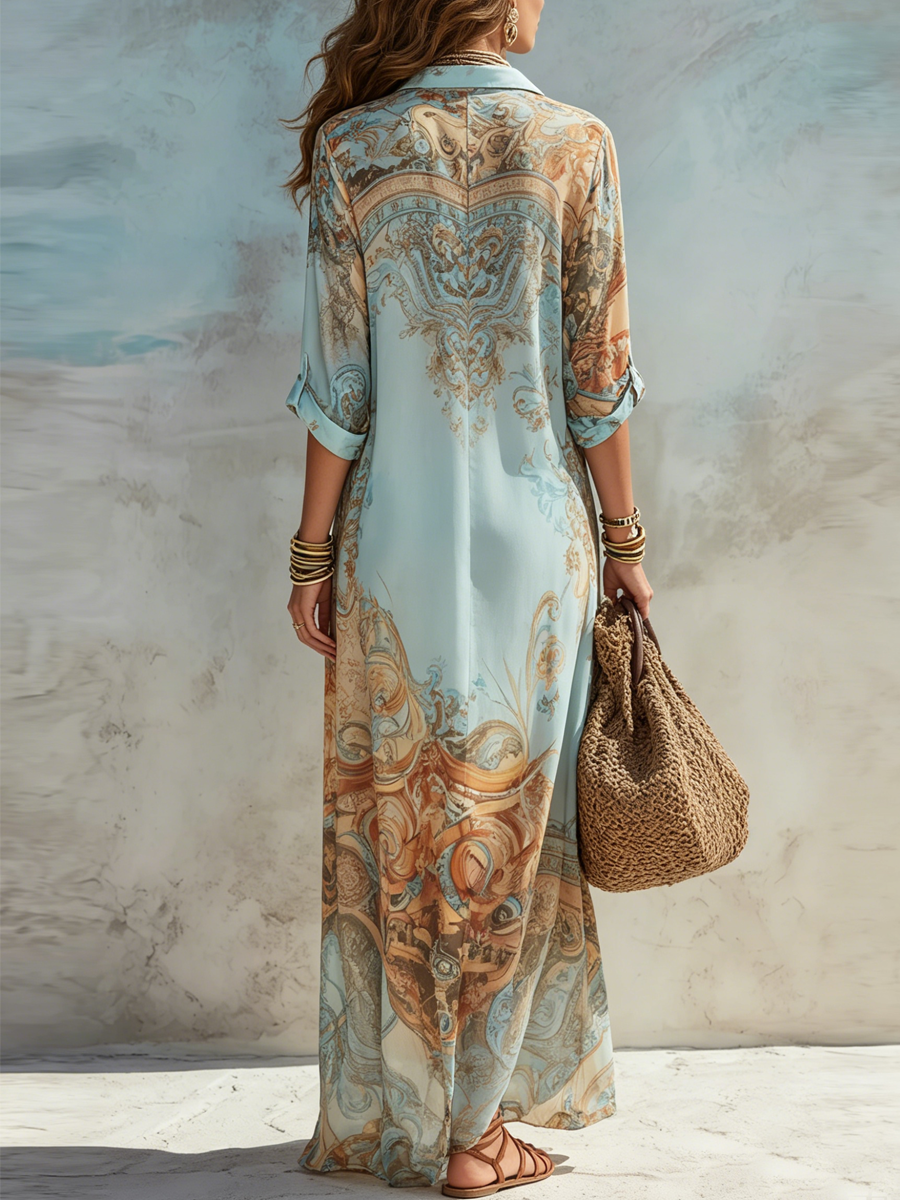 Abito Maxi Blu con Stampa Floreale